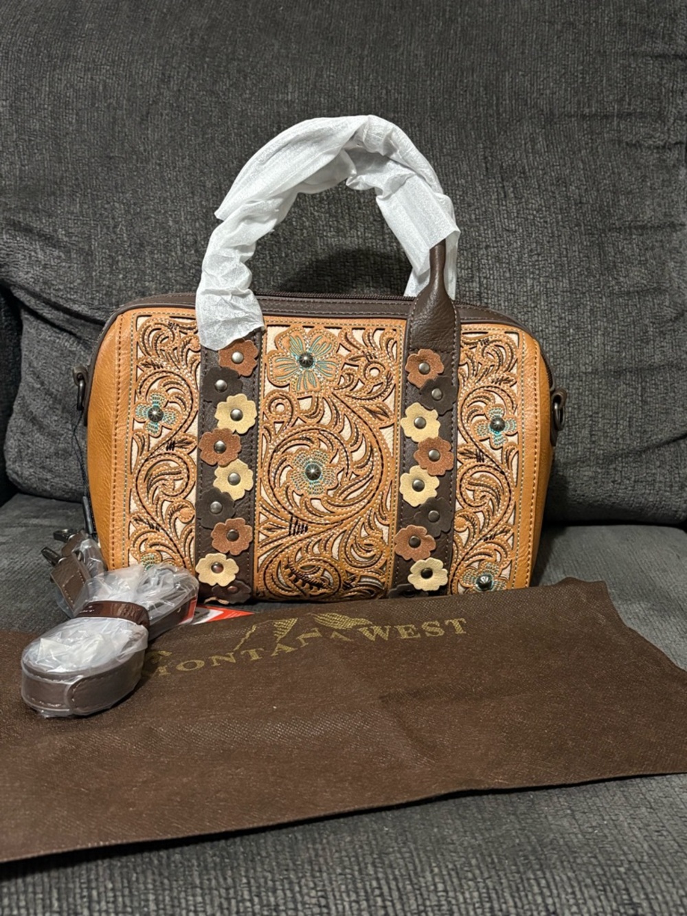 Montana West Tan and Dark Brown Tooled Floral Satchel with Flower Studs NWT